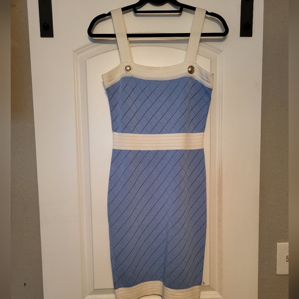 Stunning! Thinkable Blue & Cream Women's Dress, Medium/Large, Cotton/Poly, NWOT